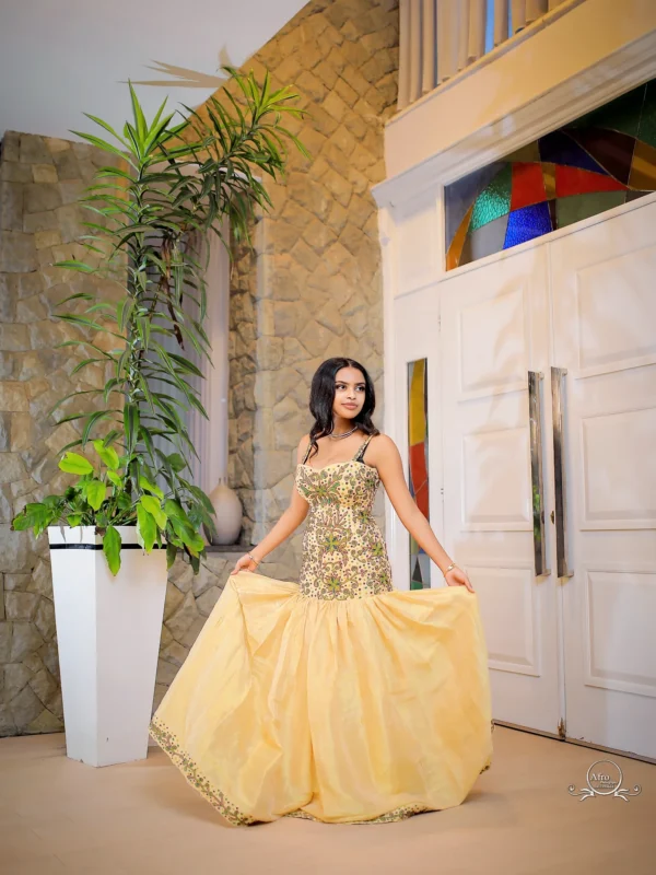 Modern Yellow Cultural Dress – Handcrafted with Menen Fabric & Traditional Pattern Design S0003