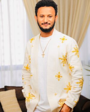 White Men’s Cultural Cote with Handcrafted Yellow Cross Patterns, M0001