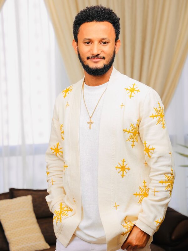 White Men’s Cultural Cote with Handcrafted Yellow Cross Patterns, M0001
