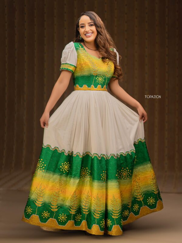 Green & Yellow Handmade Cultural Dress – Elegant Cotton Attire for Special Occasions F0002