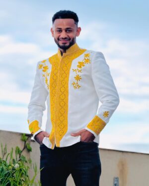 White Handmade Men’s Cote with Yellow Cross Patterns & Embroidery – Traditional Cotton Cultural Attire M0002