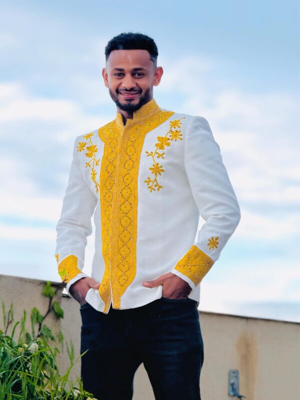White Handmade Men’s Cote with Yellow Cross Patterns & Embroidery – Traditional Cotton Cultural Attire M0002